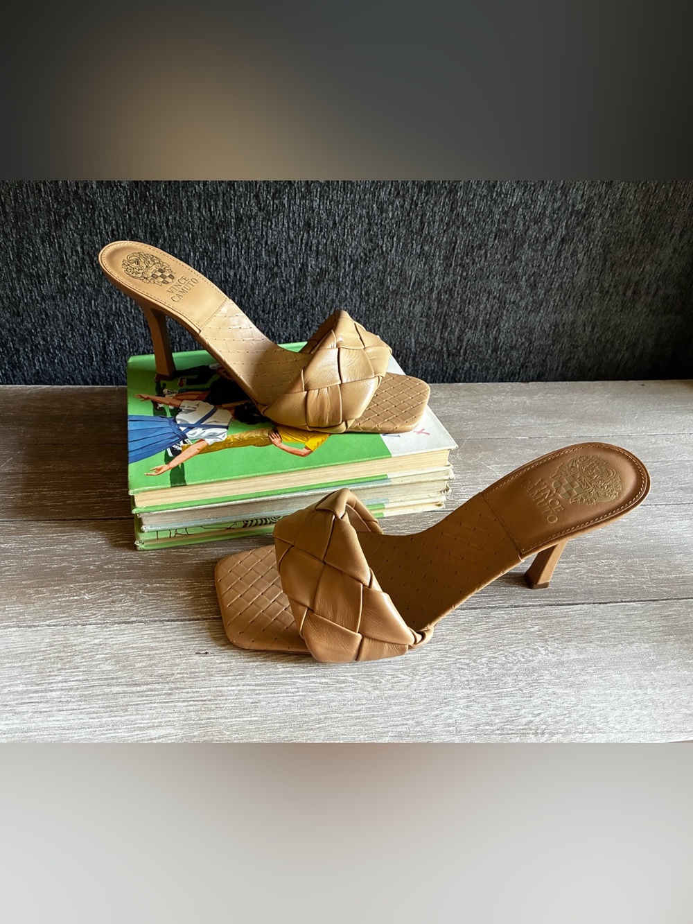 Vince Camuto Tan Woven Leather Slide Heeled Sandals